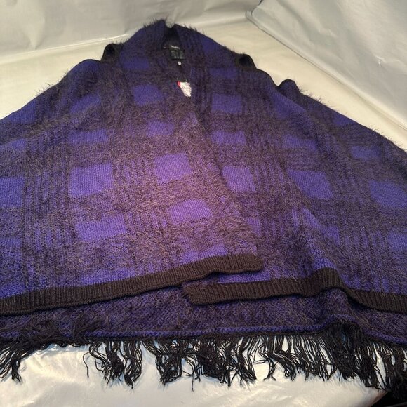 Vertigo Plaid Fuzzy Cardigan Womens Open Front Tweed Wrap Cape Boho Fringe Trim - Picture 5 of 16